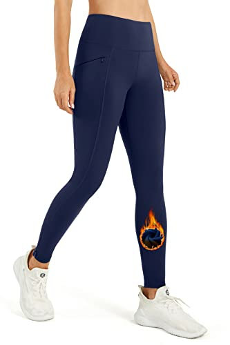 PERSIT Fleece gefütterte Leggings Damen Thermo Warm Winter Hohe Taille Knöchel Reißverschluss Wasserabweisend Yoga Hose mit Taschen, marineblau, X-Groß