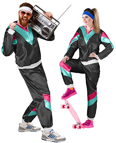 Premium 80er & 90er Jahre Retro Trainingsanzug I Assianzug I Kostüm I Gangster I Prolet I Bad Taste I Assi I Herren I Damen I Motto I Karneval I Fasching (Schwarz I Petrol I Pink, S)