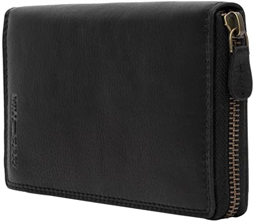 Hill Burry Damen Geldbörse Echtes Leder | Hochwertige Vintage Geldbörse mit Reißverschluss | Weiches Material und XXL-Größe | Geldbörsen | Portfolio 2080 Black Black