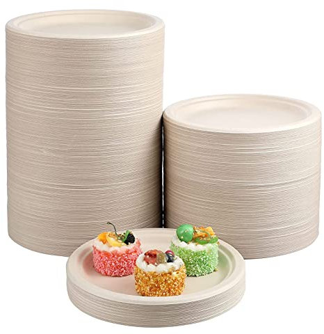 DHAIQC Lot de 120 Assiettes en Carton Compostables 22,8cm, Assiette Jetable Durable Assiette en Bagasse Naturelle, Assiettes de Fête Vaisselle Jetable Biodégradable (Brown, 120 pièces-22,8cm)
