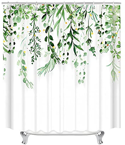 Lerores Duschvorhang 180x200cm Blumen, Grün Blätter Beschwerter Saum Antischimmel Textil, Wasserabweisend, Waschbar Polyester Badevorhänge mit Ösen und 12 Duschvorhangringe für Badezimmer, Badewanne