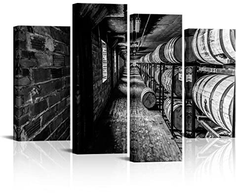 Nachic Wall 4 Paneele Weinfass Leinwand Wandkunst Schwarz und Weiß Holzfässer Weingut Bild Poster Druck Alte Antik Dekor für Küche Esszimmer Fertig zum Aufhängen