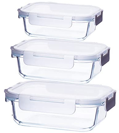 Anilar Lot de 3 boîtes de conservation rectangulaires en verre trempé avec couvercles verrouillables