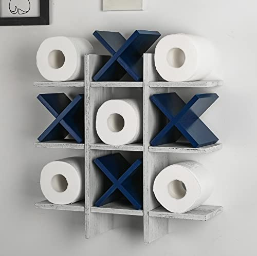 Weysat Tic Tac Toe Toilettenpapierhalter, Ständer, Toilettenpapier-Aufbewahrung, Badezimmer-Dekor, rustikale Holzaufbewahrung, freistehend, wandmontierte Regale, Dekoration für Toilettenpapier,