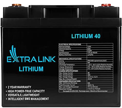 Extralink LiFePO4 40AH Lithium Batterie 12V 40AH Unbeaufsichtigtes BMS kein Memory Effekt LiFePO4 Akku kompakte Größe geringes Gewicht pefekt für Wohnmobil Boot Camping Solaranlage Solar