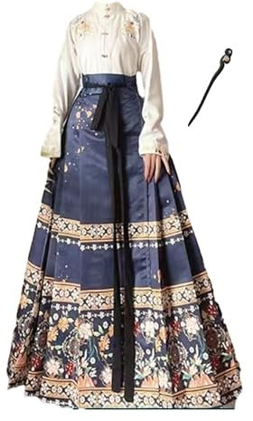 Uplateng Hanfu Cheval Visage Jupe Femmes Chinois Traditionnel Vintage Hanfu Plis Jupe Rouge Bleu Noir Beige Chemise + Jupe Ensembles Grande Taille XL (White with Blue,S)