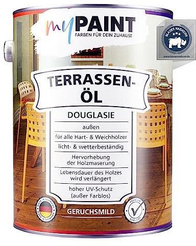 myPaint Terrassen-Öl 2,5 L Douglasie | Bietet Schutz für Alle Holztypen | Zuverlässiger UV- und Wetter-Schutz | Ideal für Gartenmöbel und Terrassendielen | Bangkirai, Teak, Douglasie