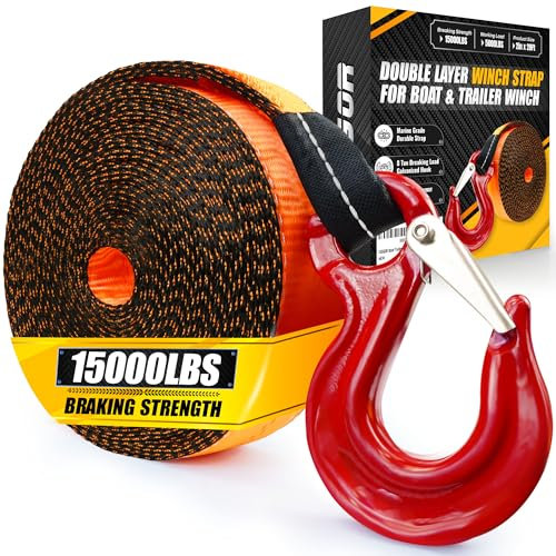 [PREMIUM] Boat Trailer Winch Strap With Supper Steel Hook, 15000 LBS Break Strength, Two Layers Winch Strap, Winch Pulley Strap For Boat Trailer Replacement, Towing Vehicles & Boat Accessories 2x20'