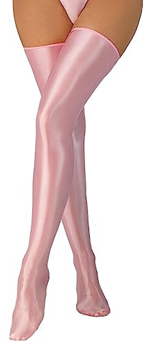 FEOYA Bas Autofixants Femme Sexy PU Cuir Collants Cuisse Haute Brillants Chaussettes Longues Wetlook Lingerie Taille Unique Rose
