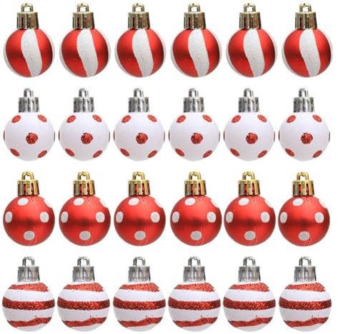 LICHENGTAI Weihnachtskugeln Kunststoff Set Rot Weiß 24 Stück, 3CM Kleine Plastik Christbaumkugeln Weihnachtsdeko mit Aufhängen Glitzernd Weihnachtsbaumschmuck für Weihnachten Party Dekoration