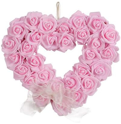 Heart Shaped Wreath Valentine's Rose Wreath, 14 Inch Artificial Heart-Shaped Wreath Rose Petal Wreaths for Front Door, Valentine’s Day Gifts Anniversary Wedding Candlelight Dinner Decor(Pink)(pink)