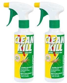 CLEAN KILL Insetticida Ecologico Biokill Spray Extra Micro Fast No Gas a Base Acquosa, Ideale per Blatte, Cimici, Tarli, Zanzare, e Altri Insetti, Uso Interno ed Esterno, Flacone da 375ml (2 Unità)