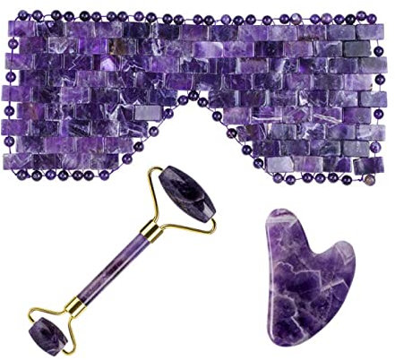 BIANMTSW Lila Kristall Jade Gesichtsmaske Gua Sha Schaber Roller Set Natürlicher Amethyst Gouache Stein, Typ 4 Voller Textur