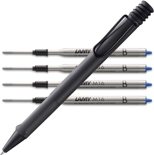 Lamy safari Kugelschreiber - mit ergonomischem Griff aus robustem ASA-Kunststoff - inkl. Großraummine M 16 in Strichbreite M in schwarz und 4 in blau B Bundle (M, umbra)