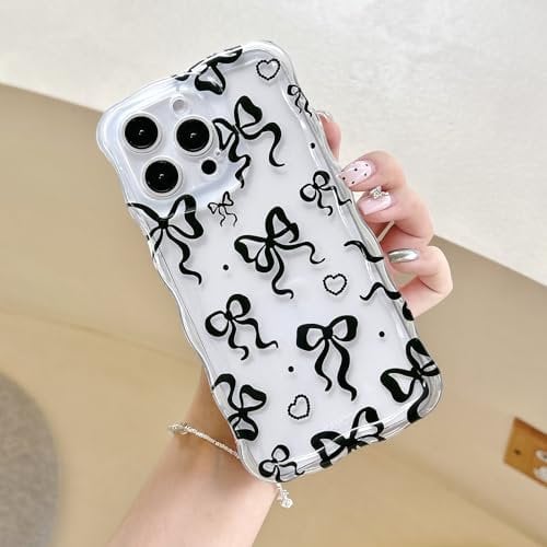 UEEBAI for iPhone 15 Pro Max Case 6.7, Bow Wavy Cute Ribbon Pretty Aesthetic Case Curly Stylish Soft Wave Clear Phone Case Shockproof Protective Pretty Cover for Women Girl - Black