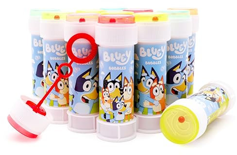 Toyland® Pack de 12 Bluey Botes de Burbujas con Varitas, Solución de 60ml y Tapa de Laberinto Novedosa - Juguetes para bolsitas de Fiesta y Dinero de Bolsillo