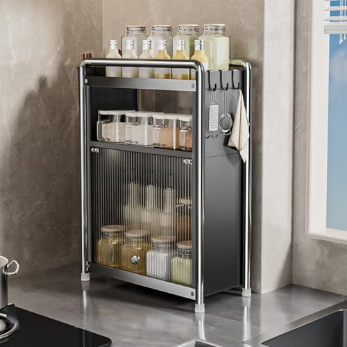 IDOTSEZU Schmaler Gewürzschrank mit Stäbchen zum Klappen, 3-stufige Karbonstahl-Deckerböden Rutschfester Boden, Countertop Storage Regal für Die Lagerung von Gewürzen Gläser Kosmetik(Schwarz)
