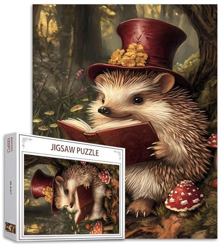 Hedgehog Mushrooms Jigsaw Puzzle 1000 Pieces for Adult Animals Reading Book Puzzles for Challenging Family Activity Games DIY Handwork Easy Puzzle Home Wall Decoration Unique Gifts
