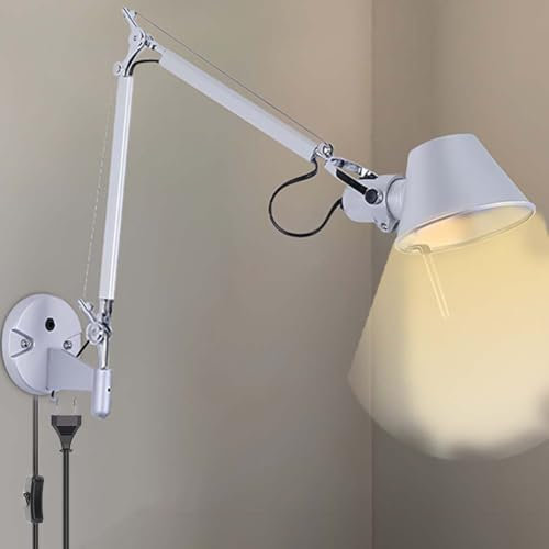 LOGT Verstellbar Wandleuchte Schwenkarm Vintage Wandlampe Lange Arm Nachttischlampe mit Schalter und Stecker Wand Leselampe mit Kabel 360° Drehbare Wandspot mit Gelenkarm Wandbeleuchtung Innen Vintage