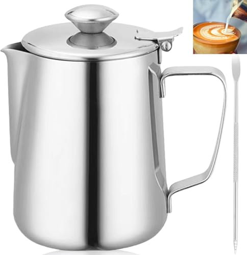 GOMETY Brocca per il latte in acciaio inox da 350 ml con coperchio, per il latte, per il caffè, per il latte, per il latte, per il latte, per il caffè, per il cappuccino (350 ml)