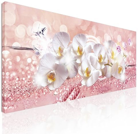 CheQuadro! Quadro xxl per salotto, decorazione camera da letto, quadro largo, Fiori di Orchidea Bianca su Sfondo Rosa, su tela, intelaiato pronto da appendere bow16-130x60 cm