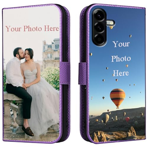 FortiCase Personalised Phone Case for Samsung Galaxy S24,PU Leather Flip Cover,with Card Slots,Holder Cases,Design Your Own Photo Image,Text Personalised Case - Purple-LN4