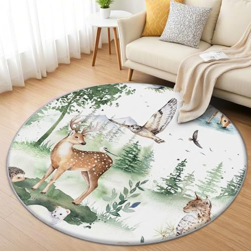 AevuCub Waldtiere Teppich Rund 120cm Kurzflor - Waschbare Teppiche Wohnzimmer Kinder Tiere - Runder Teppich 120 Durchmesser Kinderzimmer - Bettvorleger Schlafzimmer rutschfest Weich