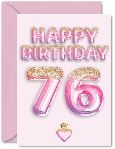 76th Birthday Cards for Women and Men, Pink & Purple Glitter Balloons | Happy Birthday Card for 76 Year Old Man Woman Grandad Uncle Sister Nan, A5 Bday Greeting Cards
