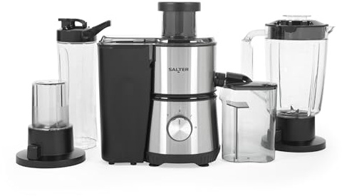 Salter 4-en-1 Blender centrifugeuse, extracteur de jus avec pichet 1 L | Bouteille sport 600 ml, récipient à jus 500 ml, bac à pulpe 1,2 L, gobelet broyeur 30 g, 2 vitesses + pulse