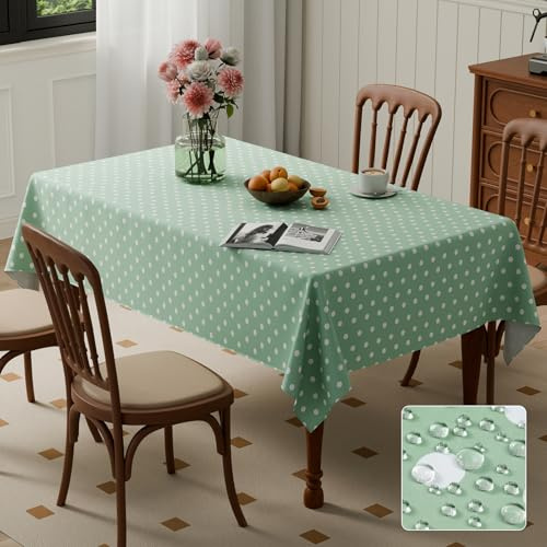 Kmhesvi Rectangular Wipe Clean Tablecloth Table Cover 200cm x 140cm | Wipeable Water Resistant Polyester Tablecloth, 78.7x55.1 Inch Polka Dot Green White