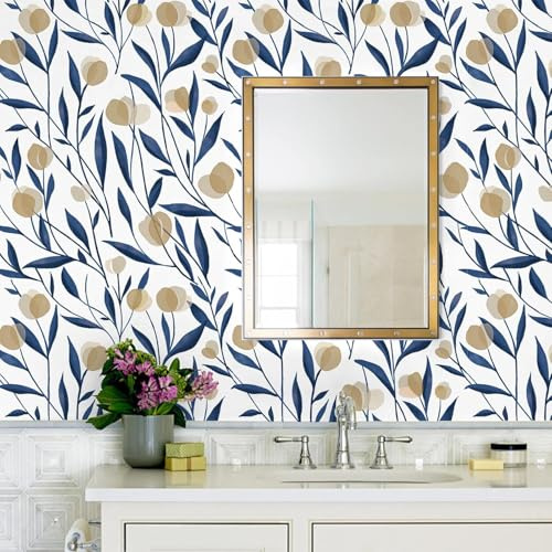 ICYEHAO Self Adhesive Wallpaper Floral, 44 x 1000cm Peel and Stick Wallpaper Floral Navy White Tan Flower Leaves Botanical Boho Self Adhesive Furniture Wrap for Living Room,Bathroom,Cabinets,Kitchen