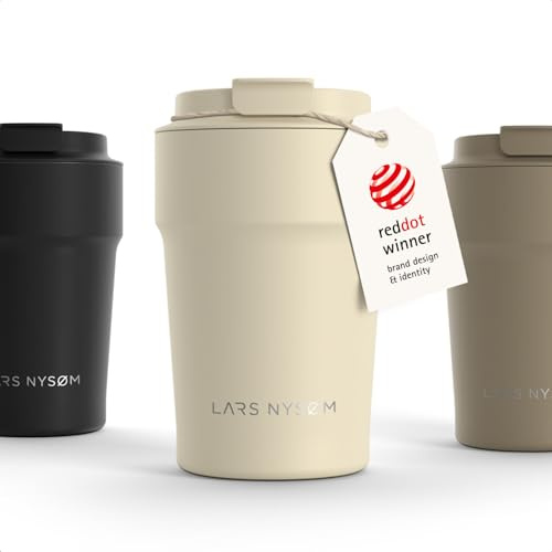 LARS NYSØM Thermo Kaffeebecher to go 0,38 l | Auslaufsicherer Travel Mug mit Isolierung | Rutschfester Boden | Edelstahl Thermobecher für Kaffee und Tee unterwegs (Almond Beige - Powder, 380ml)