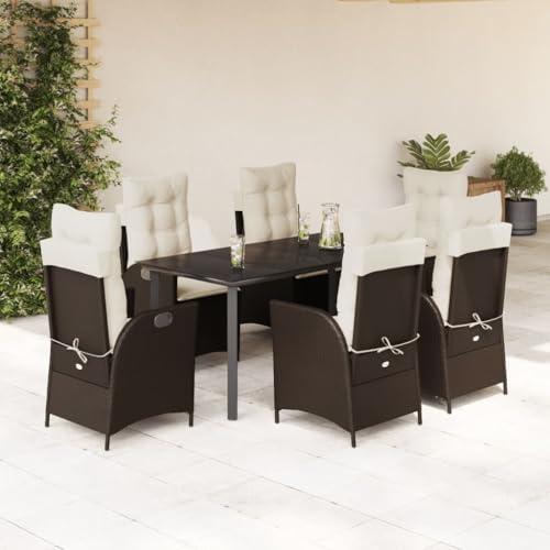 Yunovire 7-TLG. Garten-Essgruppe mit Kissen Braun Poly Rattan, Verstellbare Relaxsessel, Gehärtetes Glas, für Terrasse, Balkon, Außenbereich
