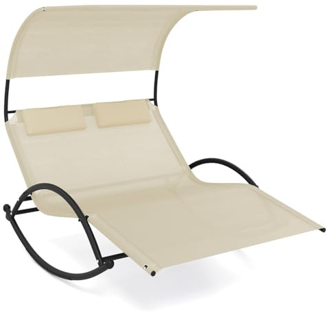 COSTWAY Sonnenliege für 2 Personen, Doppelliege mit Dach und 2 abnehmbaren Kopfstützen, ergonomische Gartenliege, Schaukelliege bis 300 kg belastbar, Relaxliege für Garten, Terrasse, Beige
