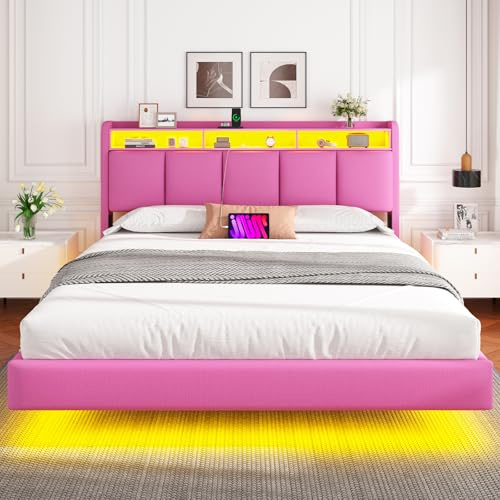 Brinlawb Polsterbett 140x200 cm Schwebebett mit LED-Beleuchtung, Kopfteil und Ladestation (2 AC-Steckdosen, 2 USB-Anschlüsse) Bett 140x200 mit Stauraum, Jugendbett 140x200 mit lattenrost, Leinen, Rosa