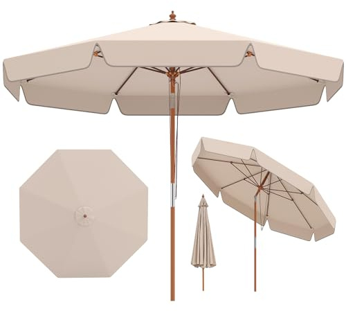 RELAX4LIFE Parasol Inclinable 3M à Volants, Parasol de Jardin Exterieur en Bois de Hêtre, 8 Baleines en Fibre Verre, Inclinaison 30°, Levage à Corde, 2 Positions, pour Terrasse Balcon Patio (Beige)
