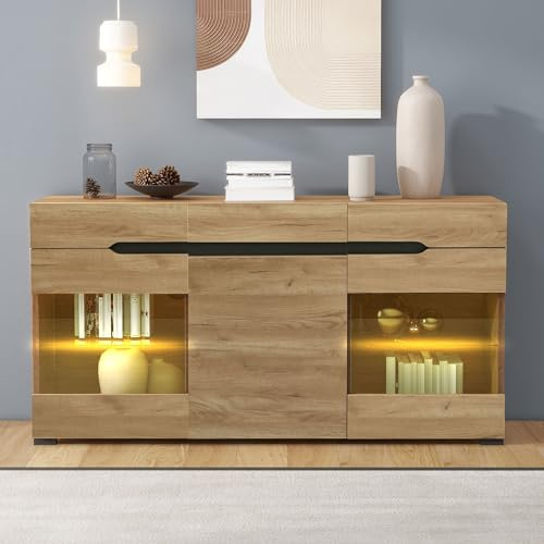 Merax Sideboard Kommode mit 3 Türen 3 Schubladen, Sideboard Holz Küchenschrank Buffet Wohnzimmervitrine mit LED-Lichtstreifen&Acryl Tür, 140 * 35 * 80 cm