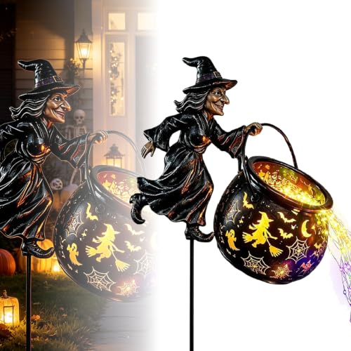 RUTYAUB Halloween Hexenkessel Gartenleuchte Solar Gießkanne mit Wasserfall Lichterkette, Wasserdichte Solarleuchte Gartenstecker mit LED Warmlicht, Halloween Deko für Garten Terrasse Balkon,1 Stück