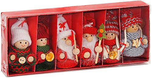 BRUBAKER 6-teiliges Set Weihnachtswichtel aus Holz und Strick - Baumanhänger Weihnachtsanhänger - 8 cm in Geschenkbox Rot