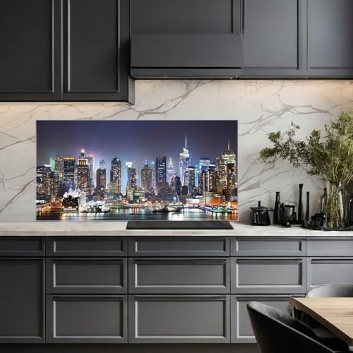 banjado Küchenrückwand Glas ohne Bohren 120x60cm – Glasrückwand Küche mit Motiv New York/Spritzschutz Küchenrückwand Glas/selbstklebende Küchenrückwand Platte - magnetisch & beschreibbar