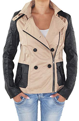 Sotala Damen Übergangs Mantel Trenchcoat Jacke Kunstleder Doppelreiher Bikerjacke Jacket Übergangsjacke Parka mit Bindegürtel Beige Beige XL/42