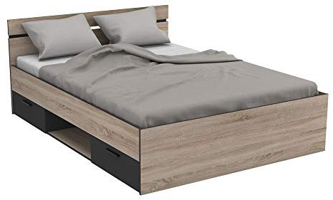Miroytengo Cama Michigan 2 Cajones Estilo Industrial Habitacion Roble y Negro 135-140 cm