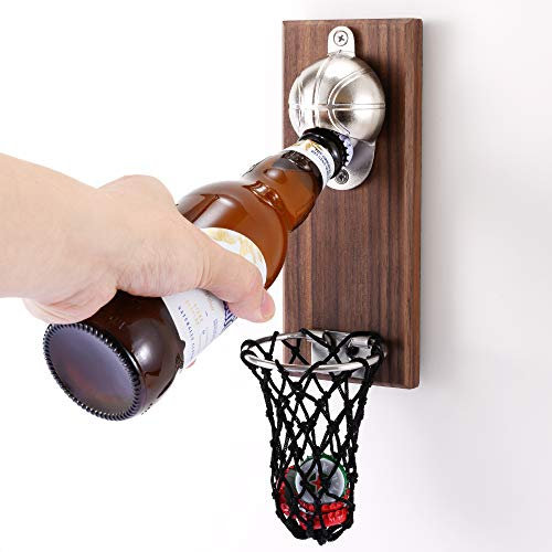Magnetischer Kühlschrank Flaschenöffner Basketball Bier öffner Wandmontage Flaschenöffner mit Kappenfänger Wand befestigter Holz öffner Zuhause Bar Dekoration Sodaöffner Biertrinker Geschenk…