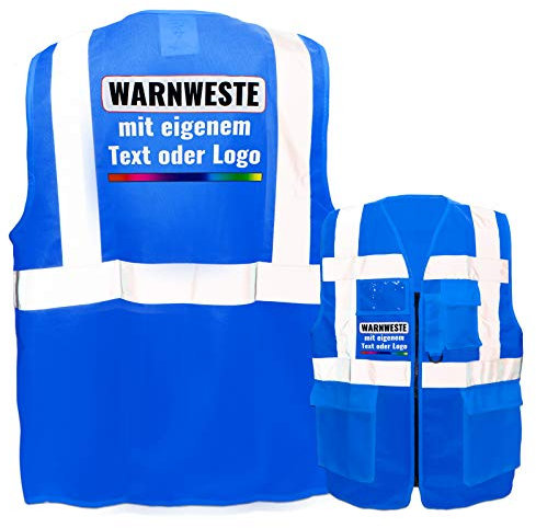 Warnweste mit Reißverschluss und Taschen * Druck auf Rücken + Front/Premium-Druck * Farbe & Größe: Blau/Größe 3XL * Aufdruck selbst gestalten * Bedruckt mit Design Foto Text Logo