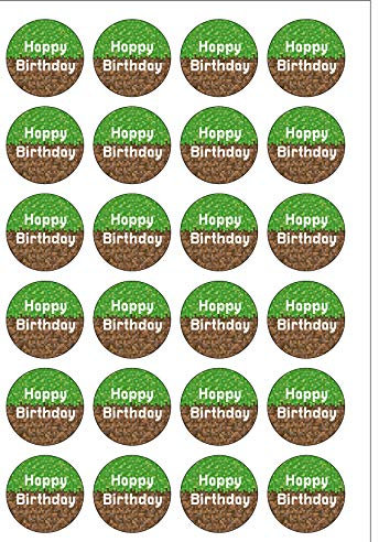 24 Precut 40mm Round Pixel Pixelated Gaming Style Happy Birthday Edible Wafer Paper Cake Toppers L