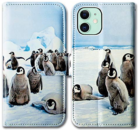 Bcov Case for iPhone 12/iPhone 12 Pro, Cute Playing Penguin Leather Flip Phone Case Wallet Cover with Card Slot Holder Kickstand for iPhone 12/iPhone 12 Pro