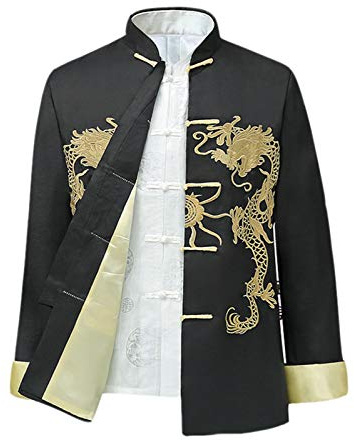 Chino Estilo Tai Chi Camisa Kung Fu Tops Traje Tang Hombres Manga Larga Dragón Bordado Chaqueta Abrigo Ropa de Calle
