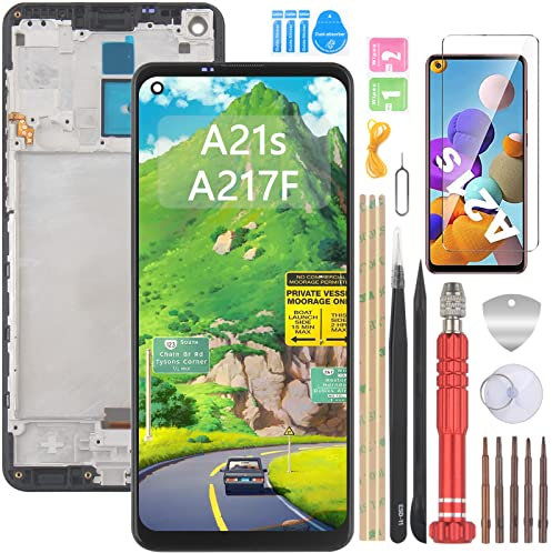 YHX-OU 6.50'' Negro + Marco Pantalla LCD para Samsung Galaxy A21S SM-A217F SM-A217F/DS SM-A217M SM-A217N Kit de Reparación de Pantalla Táctil Digitalizador con Herramientas + Vidrio Templado