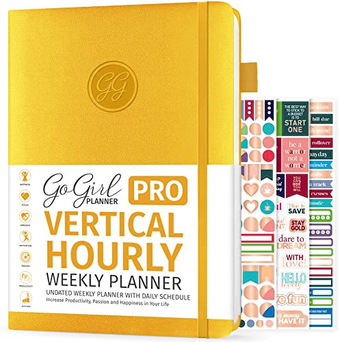 GoGirl Planner Pro Zeitplan – undatierter Planer mit stündlichen Zeitfächern, Monats-, Wochen- und Tagesorganizer, Terminbuch für Zeitmanagement, 17,8 x 25,4 cm, Hardcover, hält 1 Jahr, Bernsteingelb