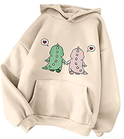 Damen Kawaii Dino Hoodie Pullover mit Süßer Kapuze Japanischen Stil Süßer Dinosaurier Kapuzenpullover Pullover Casual Sweatshirt Teenager Mädchen